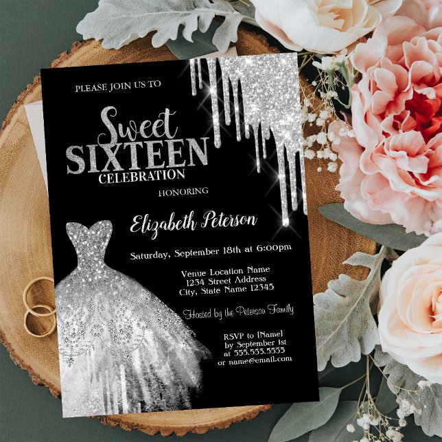 Coole Silver Glitzer Tropfen, Dress Black Sweet 16 Einladung (Von Creator hochgeladen)