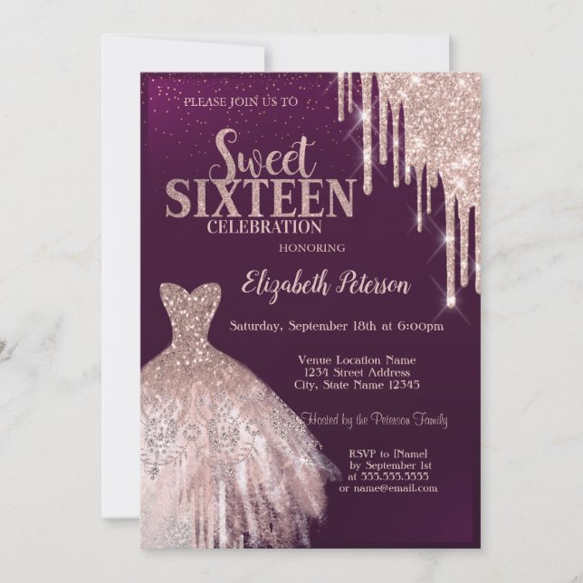 Coole Silver Glitzer Tropfen, Dress Rose Gold Swee Einladung (Vorderseite)