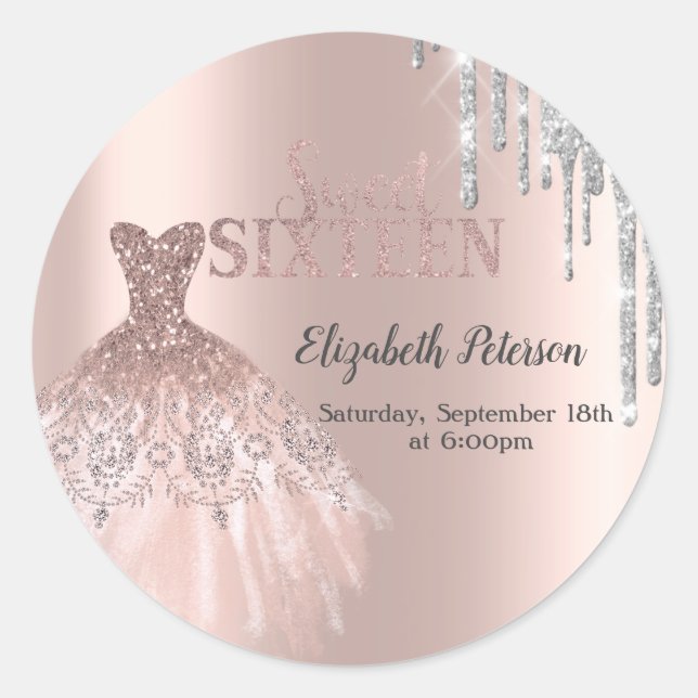 Coole Silver Glitzer Tropfen, Dress Rose Gold Swee Runder Aufkleber (Vorderseite)