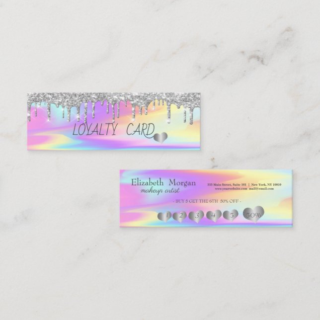 Coole Silver Glitzer Tropfen Herz, Holografie Treuekarte (Vorne/Hinten)