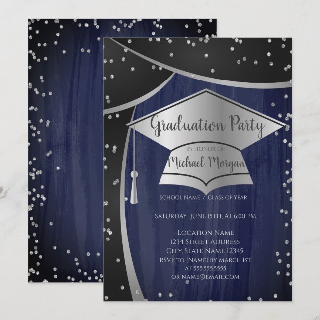 Coole Silver Graduation Cap,Diamonds Abschluss Einladung (Vorne/Hinten)