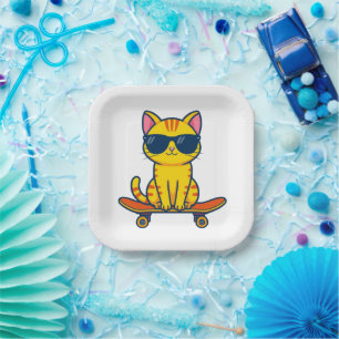 Coole Skateboarding-Katze mit Sonnenbrille Cartoon Pappteller
