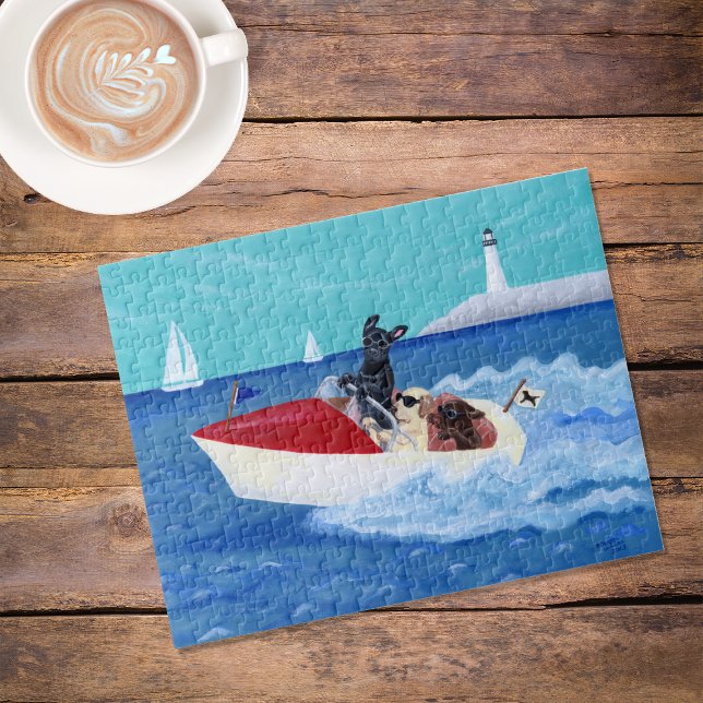 Coole Sommer-Labrador-Malerei (Cool Summer Labradors Painting Jigsaw Puzzle featuring Labs enjoying boat ride on the sea. )