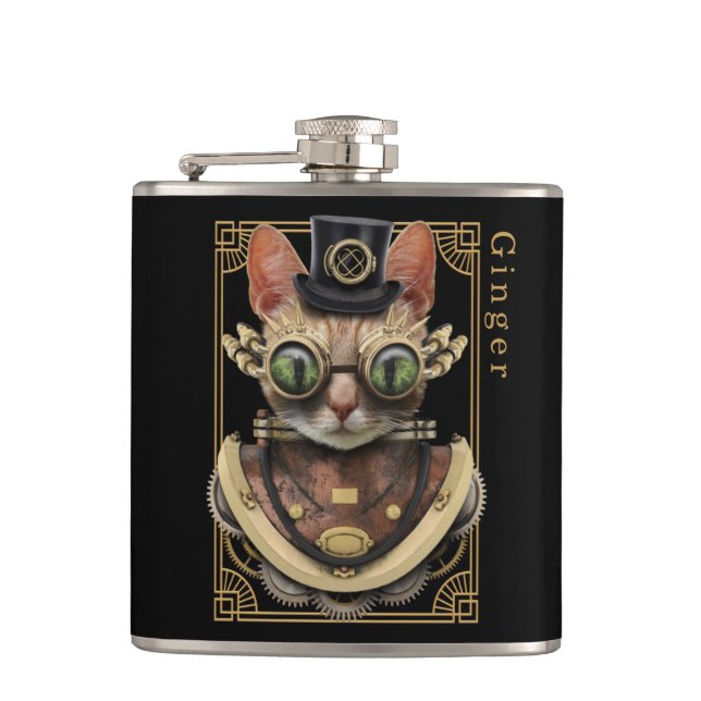 Coole Steampunk-Orange Tabby-Katze mit Namen Flachmann (Vorderseite)