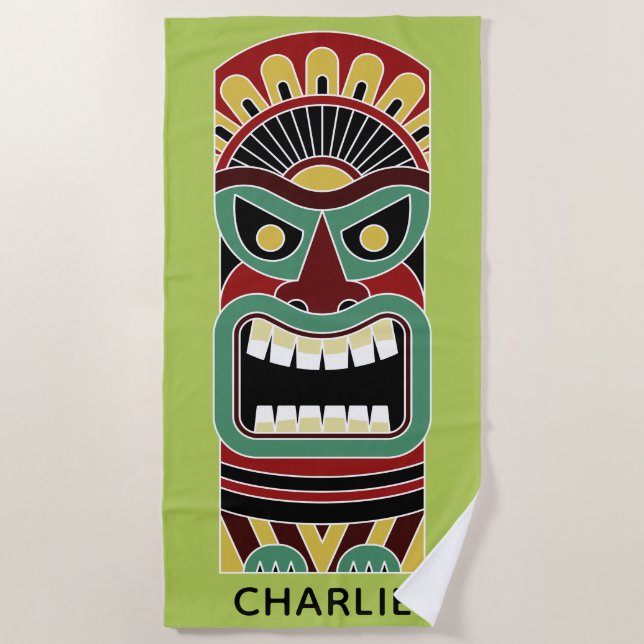 Coole Tiki Totem individuelle Name und Farbenhandt Strandtuch (Vorderseite)