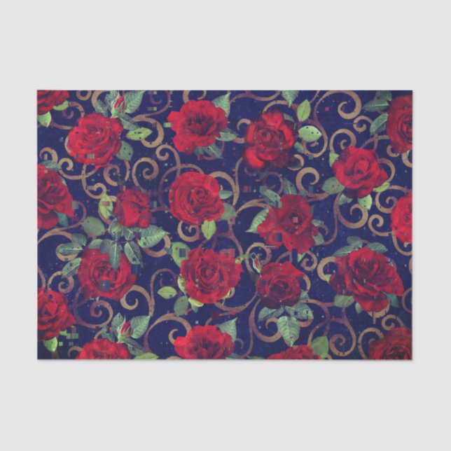 Coole Trippy-Glitch Damask Rote Rose hell Moderne Seidenpapier (Vorderseite)