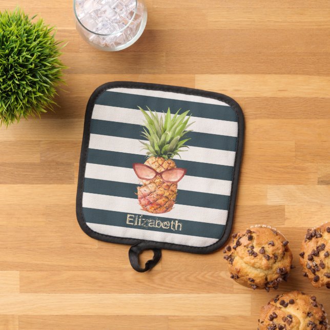 Coole tropische Ananas Blaue Streifen Topflappen (Oben Unten)