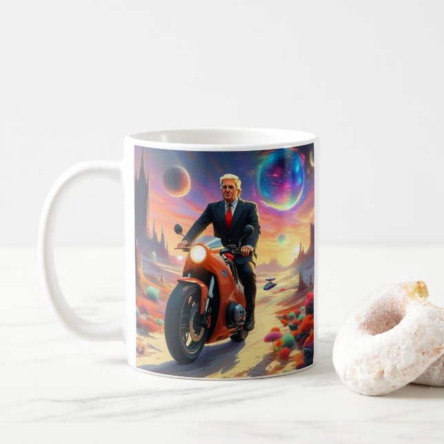 coole Trump Motorrad-Alien Planet Raumschiff MAGA Kaffeetasse (Mit Donut)