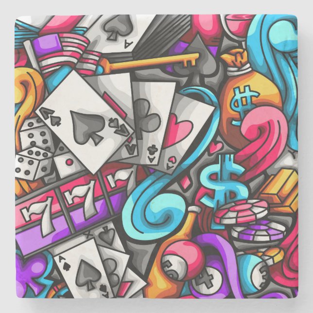 Coole und farbenfrohe Las Vegas Casino Glücksspiel Steinuntersetzer (Vorderseite)