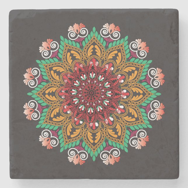 Coole und farbenfrohe Mandala-Blumenmuster Steinuntersetzer (Vorderseite)