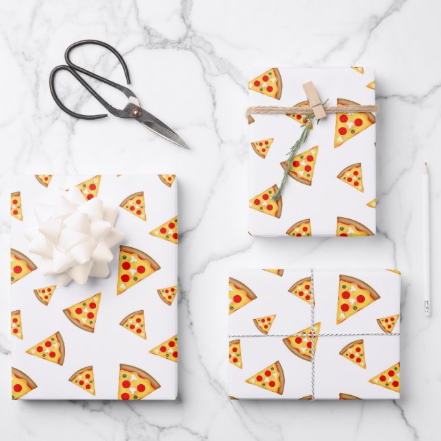 Coole und lustige Pizzaschnitte auf Weiß Geschenkpapier Set (Vorderseite)