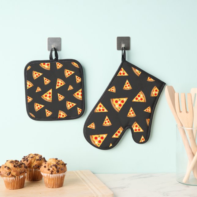 Coole und lustige Pizzaslicen-Muster dunkelgrau Ofenhandschuh & Topflappen-Set (Insitu (Hängend))