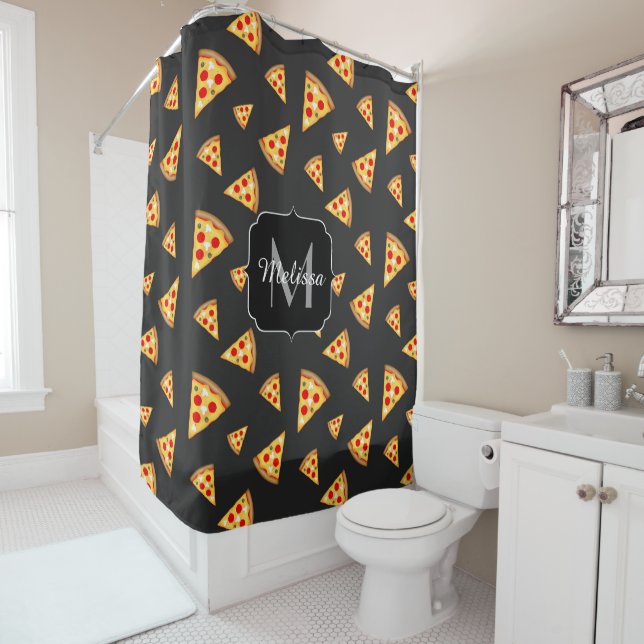 Coole und lustige Pizzaslicmuster Monogram Duschvorhang (Beispiel)