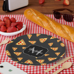Coole und lustige Pizzaslicmuster Monogram Pappteller