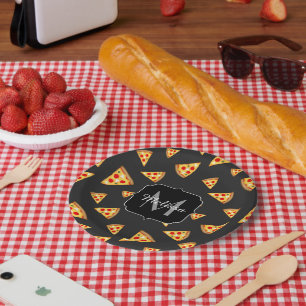 Coole und lustige Pizzaslicmuster Monogram Pappteller