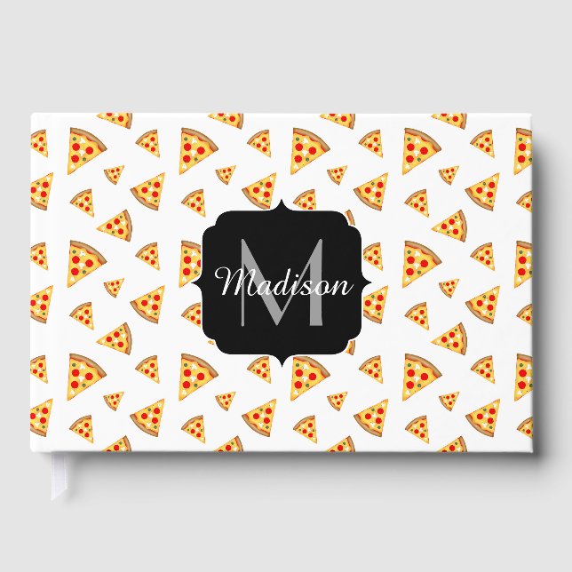 Coole und lustige Pizzaslicmuster Monogramm weiß Gästebuch (Vorderseite)