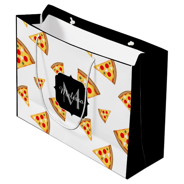 Coole und lustige Pizzaslicmuster Monogramm weiß Große Geschenktüte (Vorderseite Schrägansicht)