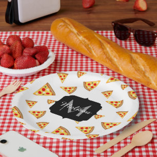 Coole und lustige Pizzaslicmuster Monogramm weiß Pappteller