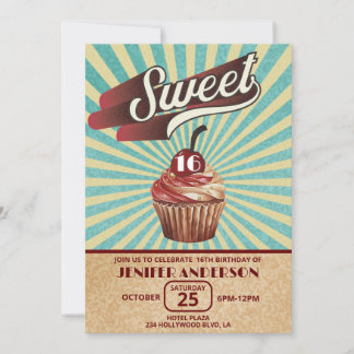 Coole Vintage Cupcake Typografie süß 16 Einladung