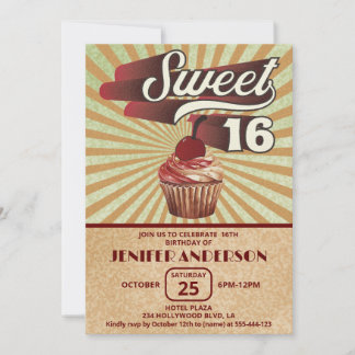 Coole Vintage Cupcake Typografie süß 16 Einladung
