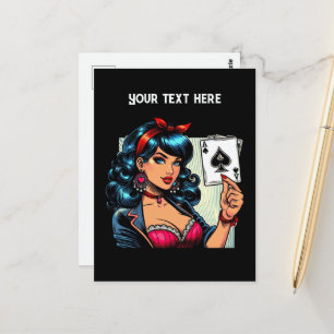Coole Vintage-Lady Poker Postkarte