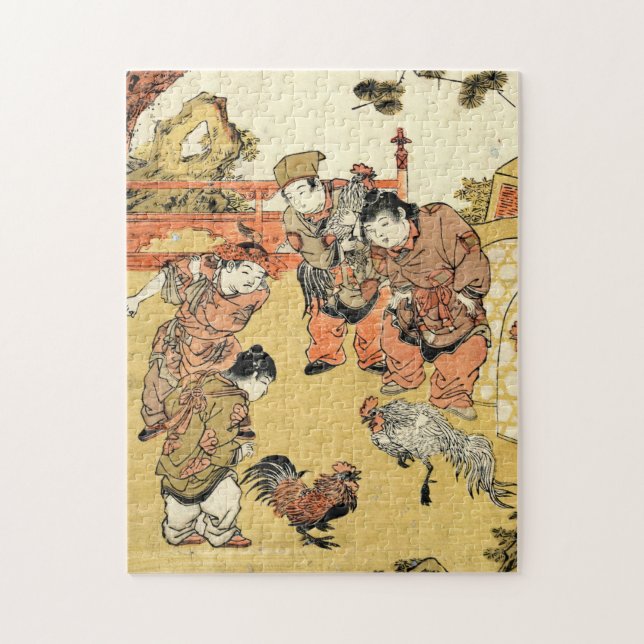Coole Vintage ukiyo-e japanische Kinder und Hahn (Vertikal)