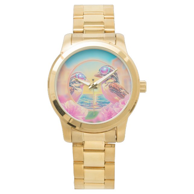 Coole Vögel mit Sonnenbrille bei Sonnenuntergang Armbanduhr (Vorderseite)
