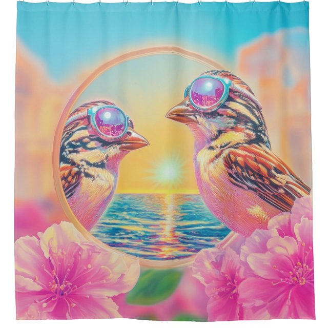 Coole Vögel mit Sonnenbrille bei Sonnenuntergang Duschvorhang (Vorderseite)