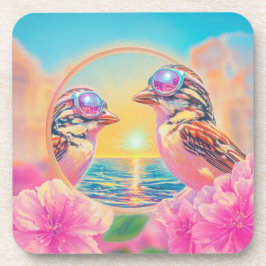 Coole Vögel mit Sonnenbrille bei Sonnenuntergang Getränkeuntersetzer