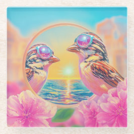 Coole Vögel mit Sonnenbrille bei Sonnenuntergang Glasuntersetzer