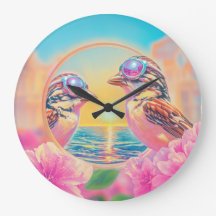 Coole Vögel mit Sonnenbrille bei Sonnenuntergang