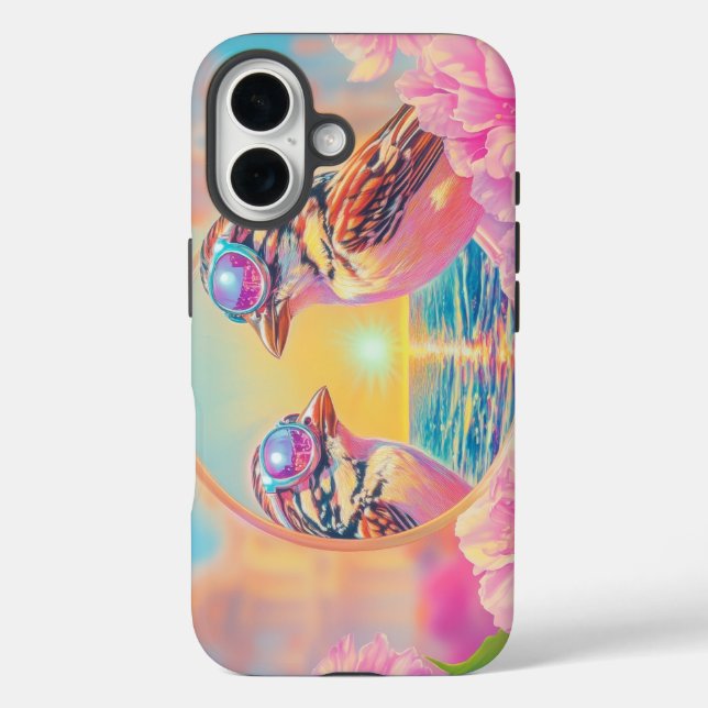 Coole Vögel mit Sonnenbrille bei Sonnenuntergang iPhone 16 Hülle (Rückseite)