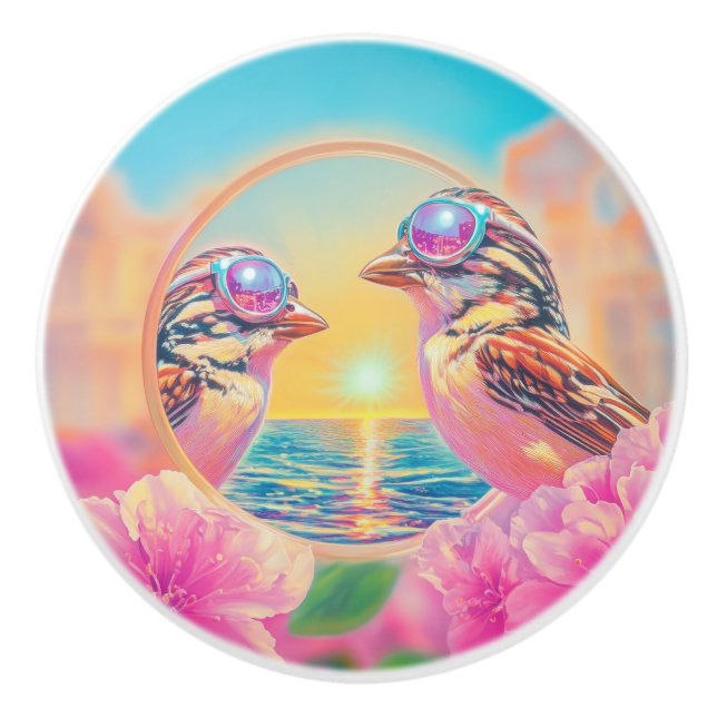 Coole Vögel mit Sonnenbrille bei Sonnenuntergang Keramikknauf (Vorderseite)