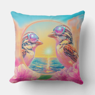 Coole Vögel mit Sonnenbrille bei Sonnenuntergang Kissen