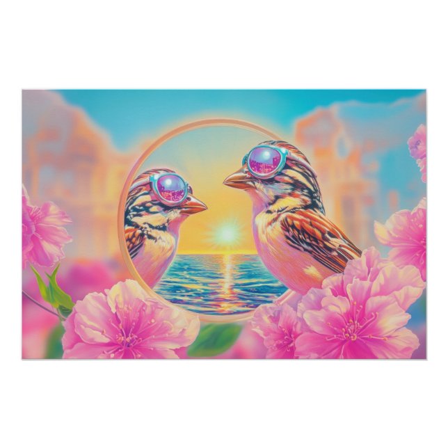 Coole Vögel mit Sonnenbrille bei Sonnenuntergang Poster (Vorderseite)