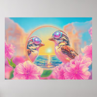 Coole Vögel mit Sonnenbrille bei Sonnenuntergang