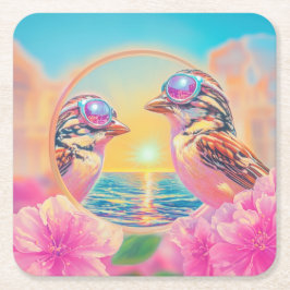Coole Vögel mit Sonnenbrille bei Sonnenuntergang Rechteckiger Pappuntersetzer