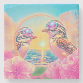 Coole Vögel mit Sonnenbrille bei Sonnenuntergang Steinuntersetzer