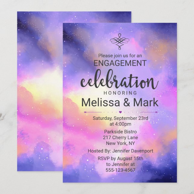 Coole Watercolor Space Engagement Party einladen Einladung (Vorne/Hinten)
