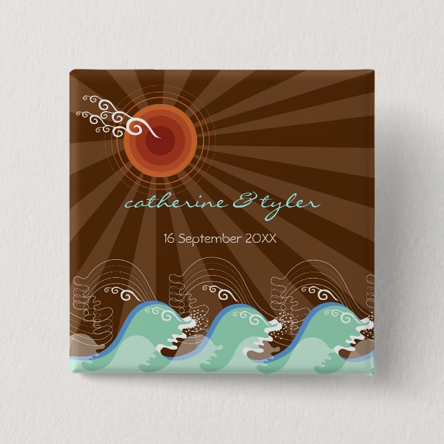 Coole Waves Brown Sun Tropical Beach Hochzeitsscha Button (Vorderseite)