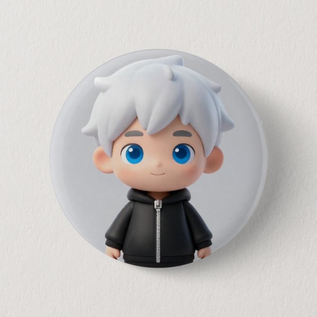 Coole weiße Haare Chibi Junge Blaue Augen Streetwe Button (Vorderseite)