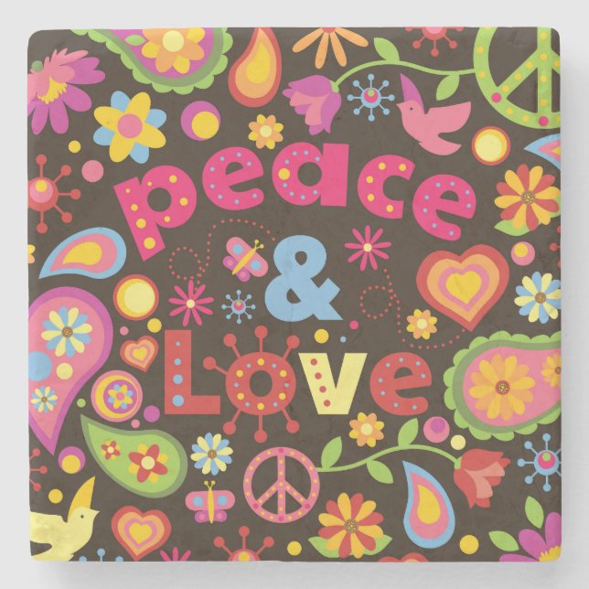 Cooler 60er Style Peace & Liebe Steinuntersetzer (Vorderseite)