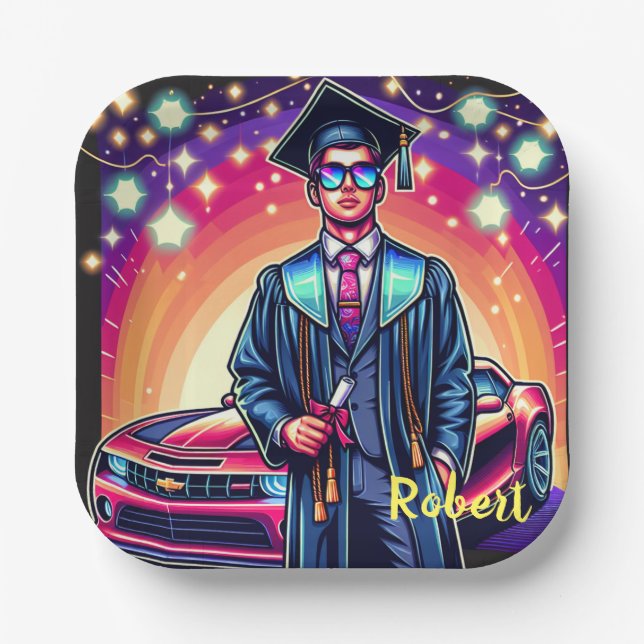 Cooler Abschluss Typ mit nettem Fahrzeug Pappteller (Vorderseite)