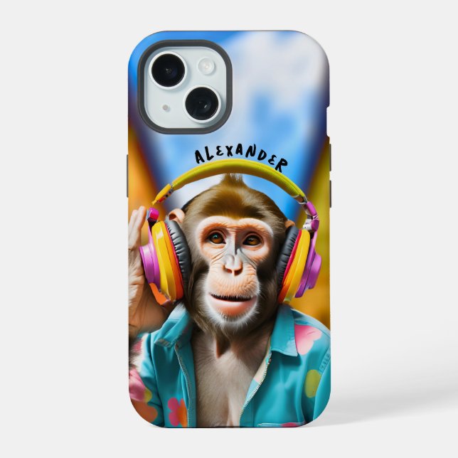 Cooler Affe mit Kopfhörern iPhone 15 Hülle (Rückseite)