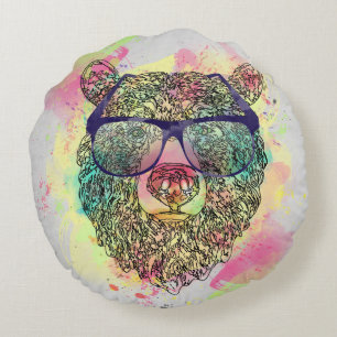 Cooler Aquarellbär mit Brillendesign Rundes Kissen