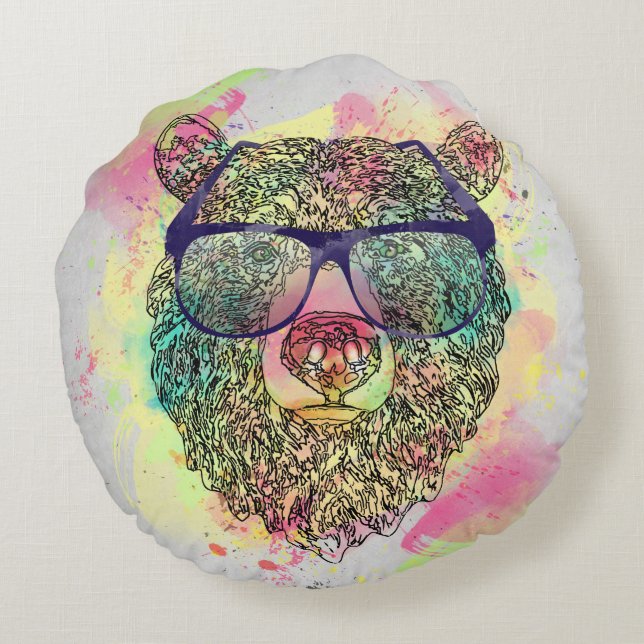 Cooler Aquarellbär mit Brillendesign Rundes Kissen (Rückseite)