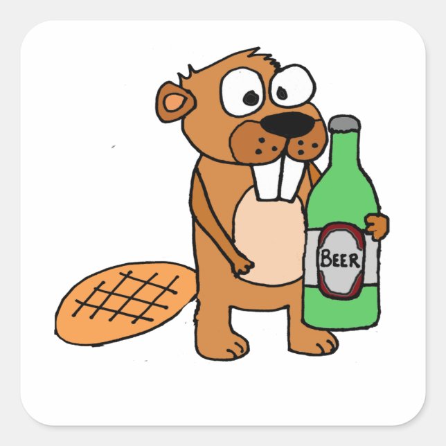 Cooler Biber trinken Bier Cartoon Quadratischer Aufkleber (Vorderseite)