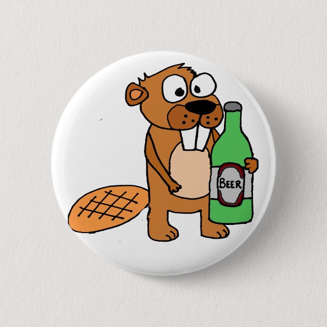 Cooler Biber-trinkender Bier-Cartoon Button (Vorderseite)