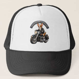 Cooler Biker Chihuahua Hund fährt Motorrad Trucker Truckerkappe