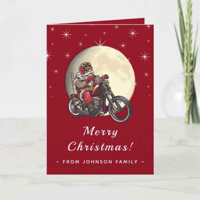 Cooler Biker Santa Motorrad Roter Sparkle & Mondsp Karte (Vorderseite)